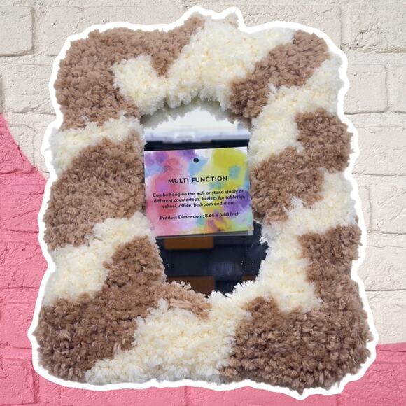 Furry Tufted Framed Mirror - NWT - Wall or Desktop Dorm Room Decor - White Tan - Picture 8 of 11